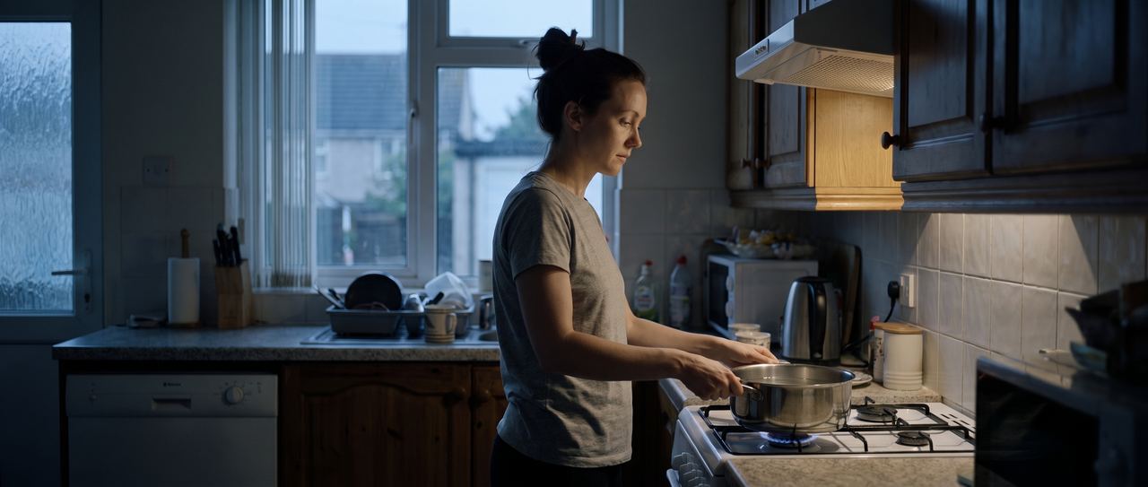A woman setting a pan of water on a hob in a dark kitchen